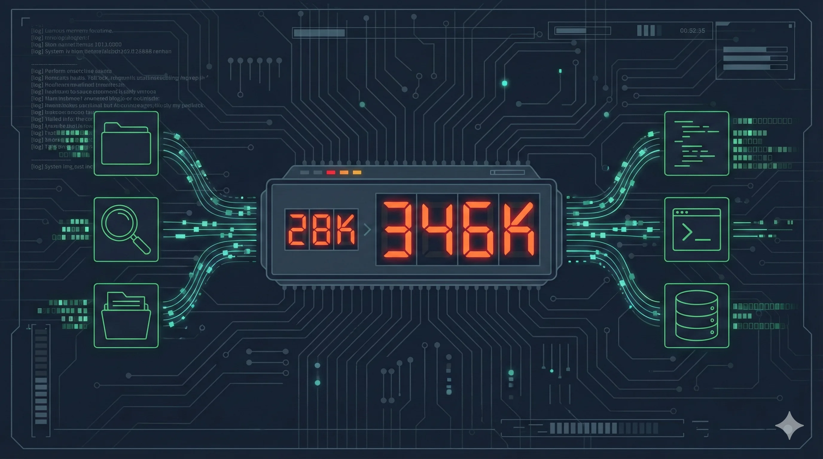 Dark tech illustration showing a token counter spiking from 28K to 346K, surrounded by cascading tool call icons connected by data streams